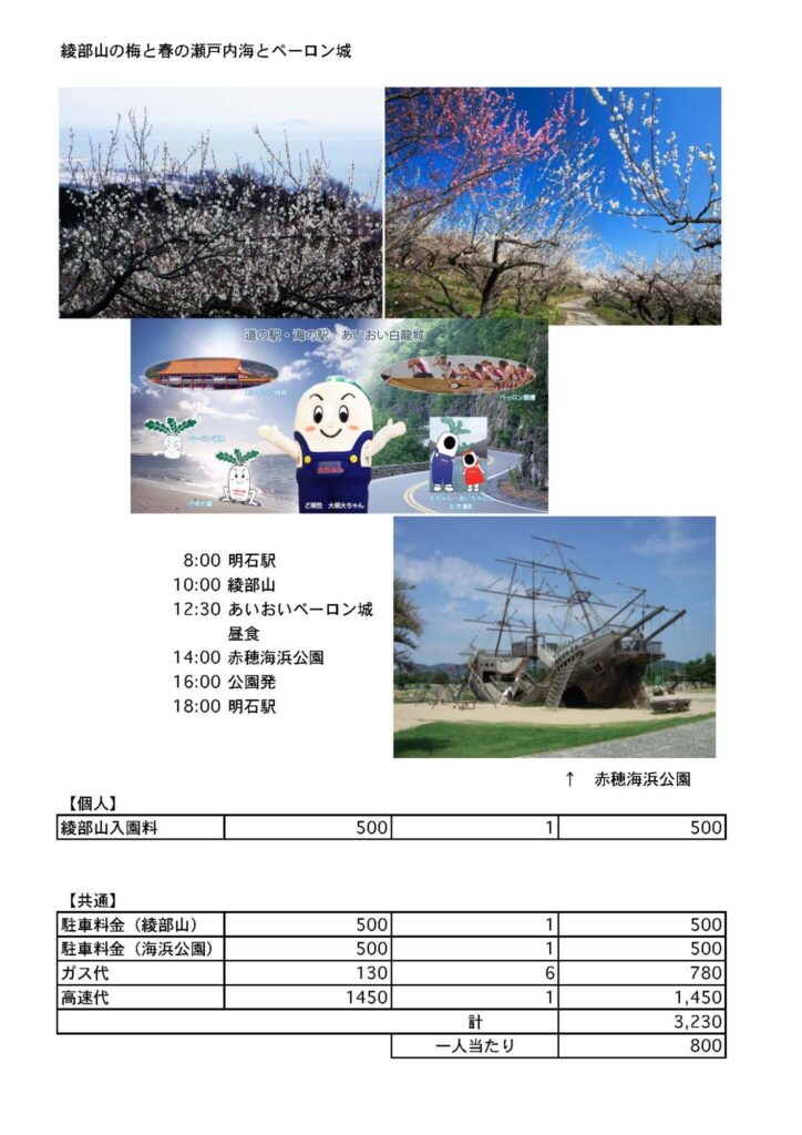 綾部山の梅と春の瀬戸内海とペーロン城