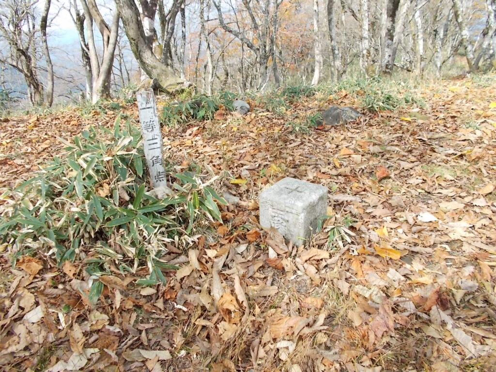 11：18　二等三角点。ここで昼食にしました。東南方面が開けているんですが、今日は雲が多いので、遠くまでは見えませんでした。