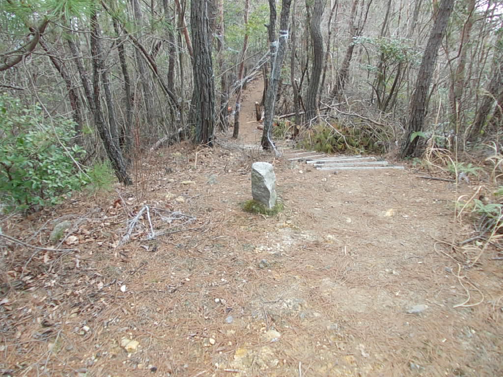 12:32 なぜか道の真ん中にある石柱。ここから階段が多くなります。