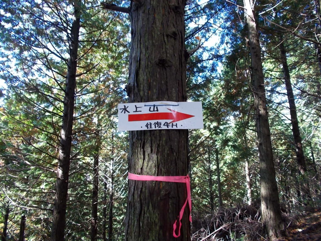 10：25　木に貼り付けられた案内板。ここから往復4時間だそうです。ホントか？