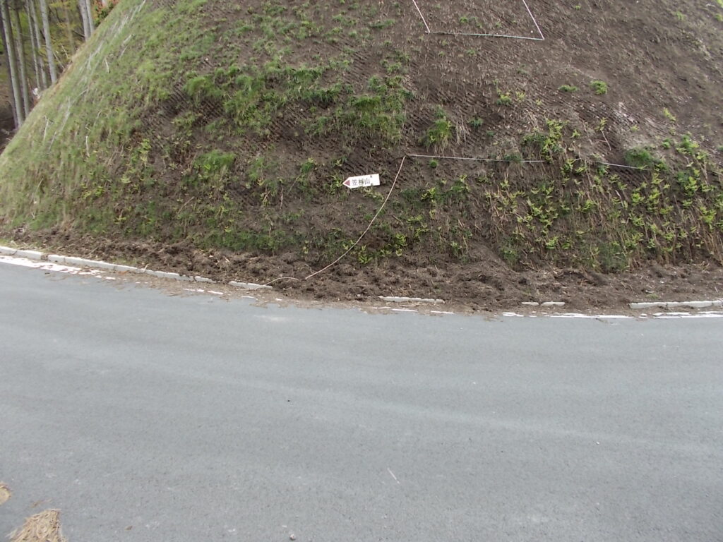 10：37　さらにいくと、今度は舗装された林道にでます。ここで登山道はなくなってるので、いったん林道にでます。向かいに案内板があります。