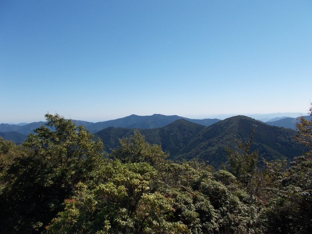 10:55 ここからは千ヶ峰方面がよく見えます。それ以外は木が茂ってきているので、よく見えません。すぐに引き返します。白岩山手前のピークでは白岩山への進入路がわかりにくいので、テープをしっかりと確認してください。