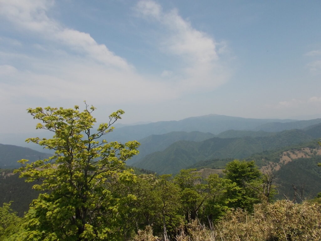 12:00 ほぼ360度見渡せます。こちらは氷ノ山方面。岡山の那岐山方面も見えます。山頂から少し北西に移動すれば岡山県です。し休憩して、すぐにおりました。