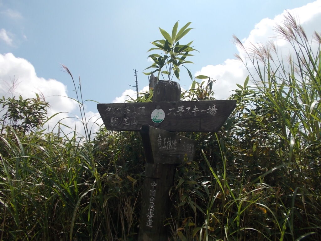 13：27　ススキの中を歩き続けて、舗装路を上るとダルガ峰山頂への案内がありました。やっと安心です。