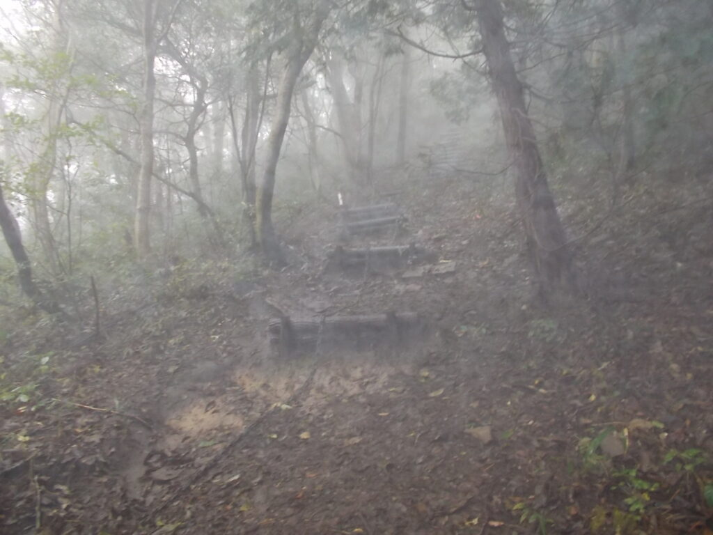 9：46　鎖のある階段道。
かなりの急斜面ですが、上りには必要ないようです。しかし、ガスがひどすぎますね。