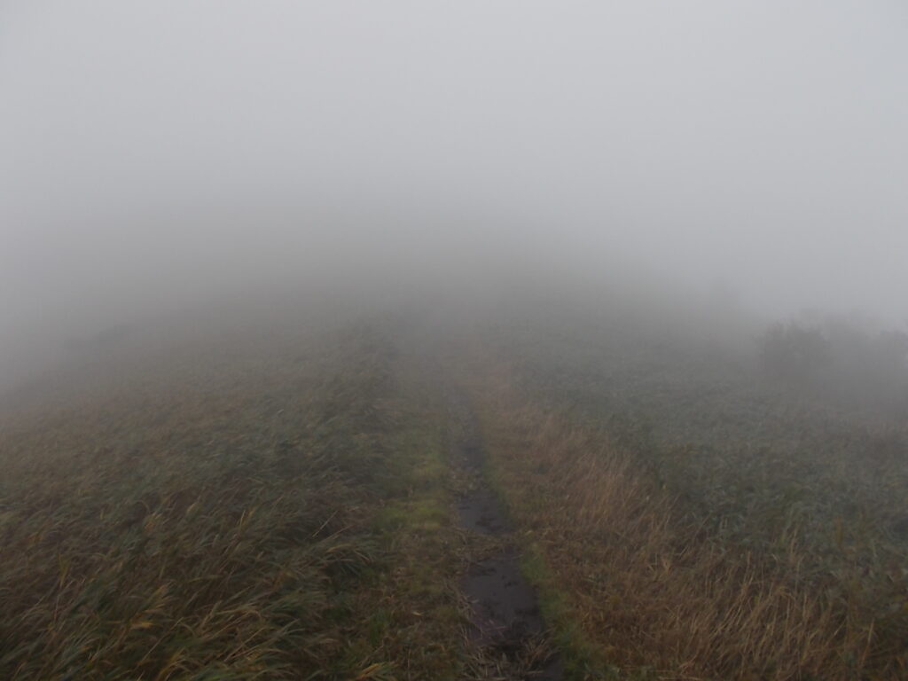 10：15　霞む山頂目指して進みます。
