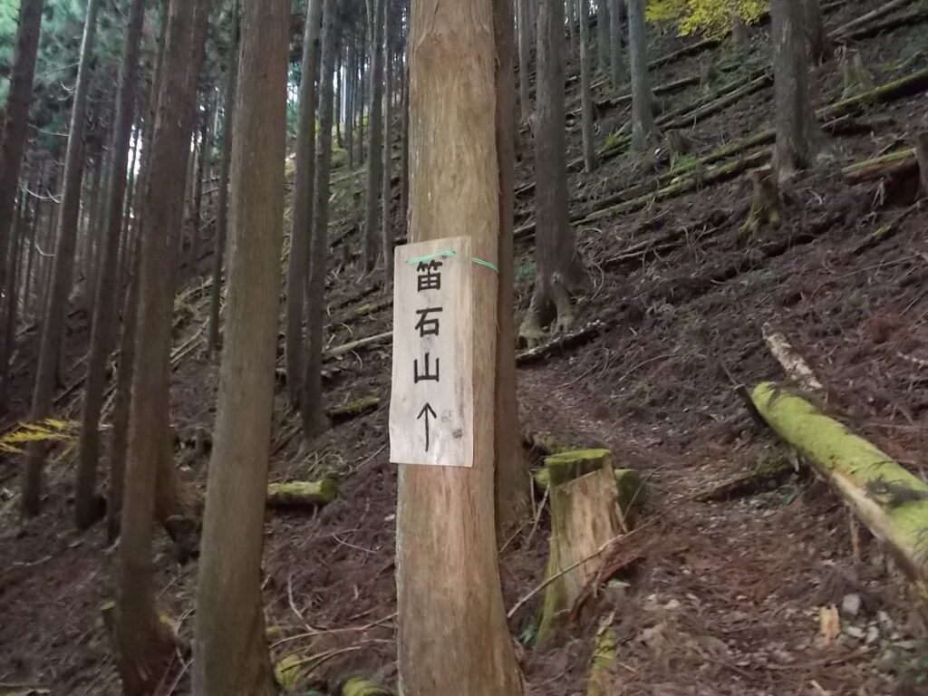 11：29　木にくくりつけられた案内。この辺り、なかなかの急斜面です。