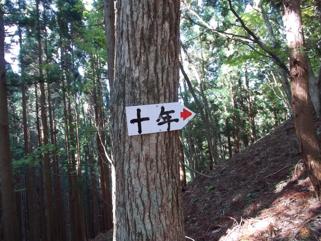 10：54　気に貼り付けられて案内板。しばらく急坂が続きます。