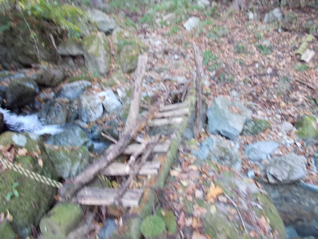 11：10　崩れた橋。当然渡りません。渡れそうな場所を探して流れを越えます。