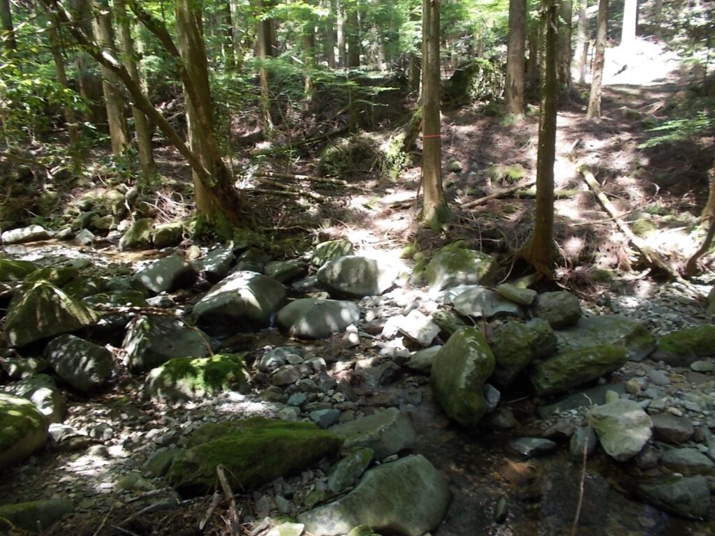12：59　水のない沢を渡ります。この辺りヒルがいるようです。