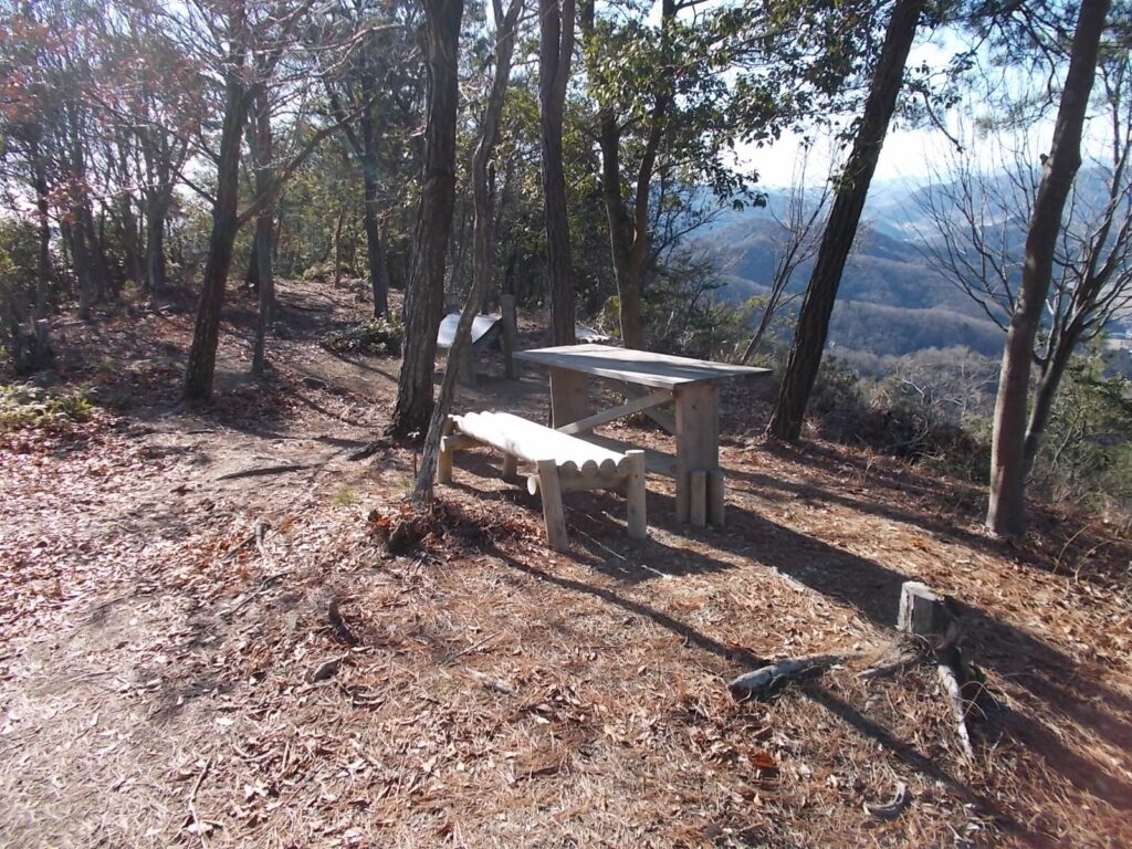 11：15　登り切るとベンチのあるピークへ。