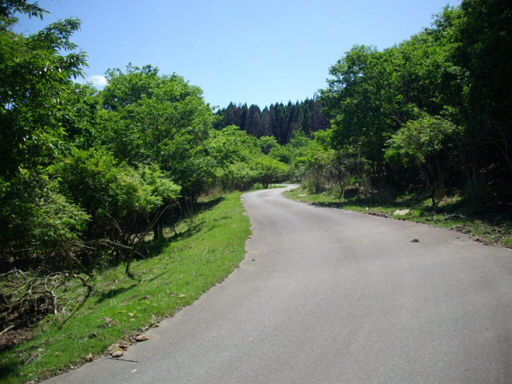 12：59　登山道は、頂上にある無線中継局の管理道路になるので、ほぼ頂上までアスファルトが続きます。
