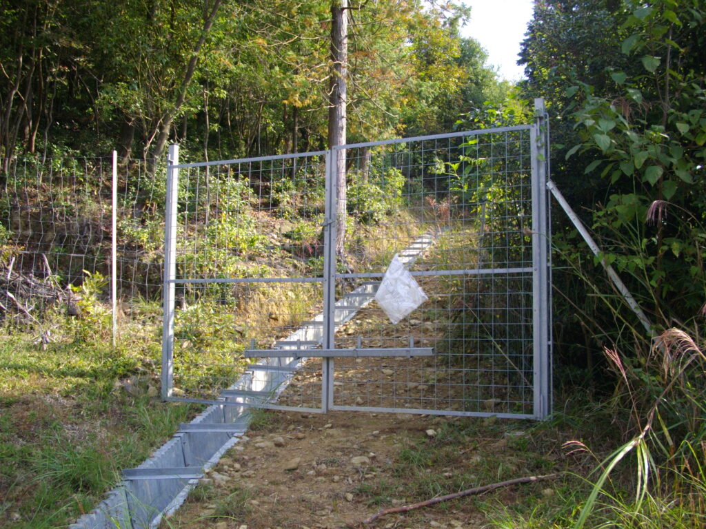 10：14　動物よけの金網を入ります。しかし、この下部にある横棒はこちら側からは簡単に入れられますが、向こう側からはなかなか大変です。簡単にする方法があるのかな？