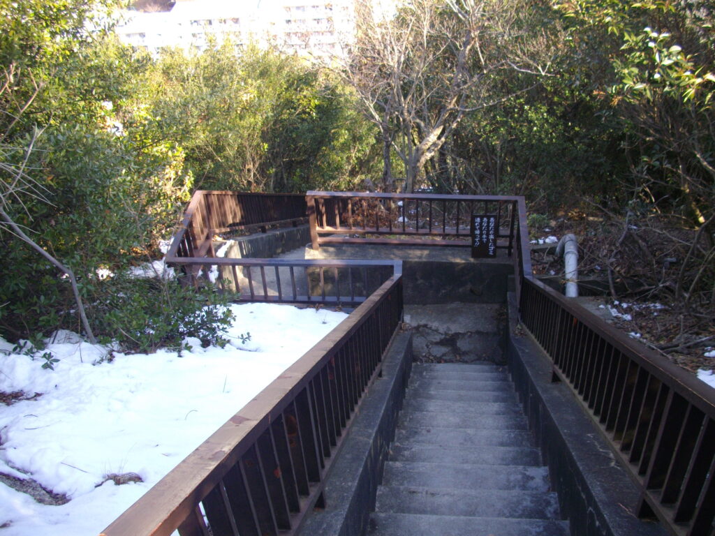 10：09　おらが茶屋を降りるとすぐにたくさんの階段を下ります。