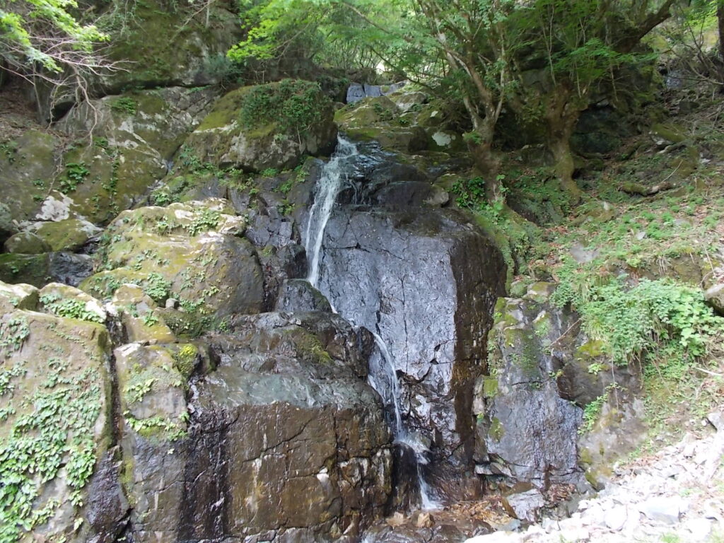 10：12　口滝の写真。ほとんど水がありません。登山ルートはここから少し戻ったところにあるようでしたが、間違えてこの横の斜面を登ってしまいました。