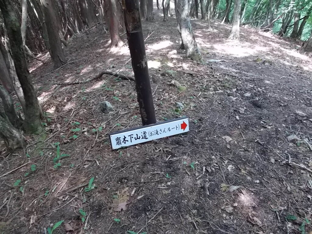 11：03　山頂から奥に進むと、お滝さんルートへの案内板がありました。ここをさらに直進。