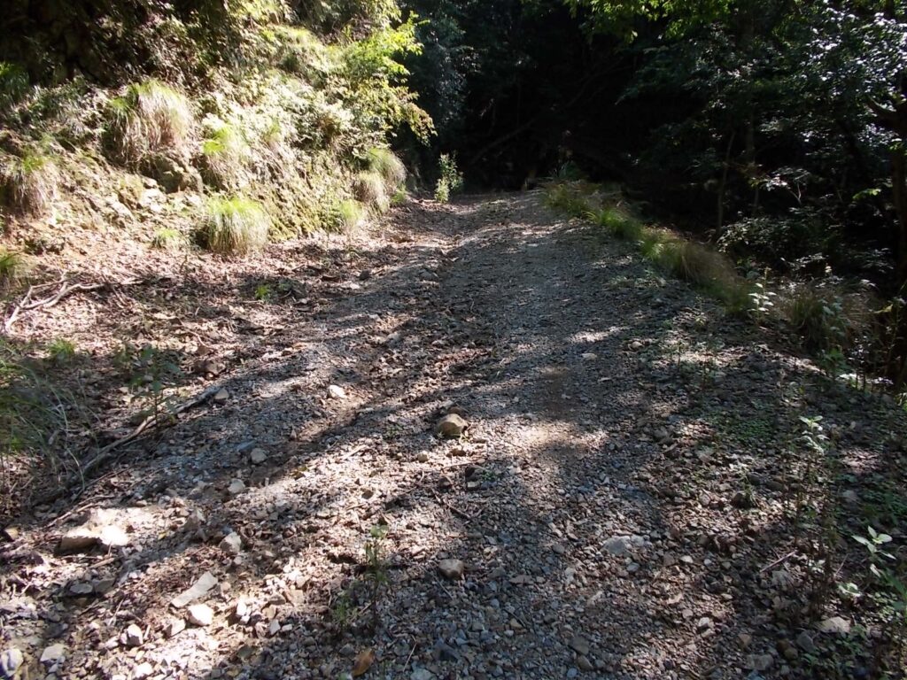 10：24　しばらく行くと、荒れた林道に出ます。途中２カ所ほど荒れた場所があります。車高の高い４駆ならNHKの電波塔までは行けそうです。乗用車は無理でしょう。
