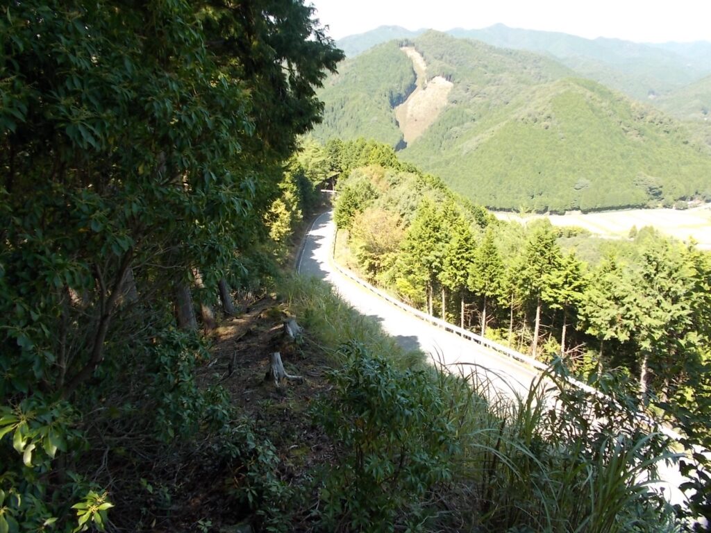12：21　下りきると草木坂の道路が見えてきました。道路に沿って下ります。