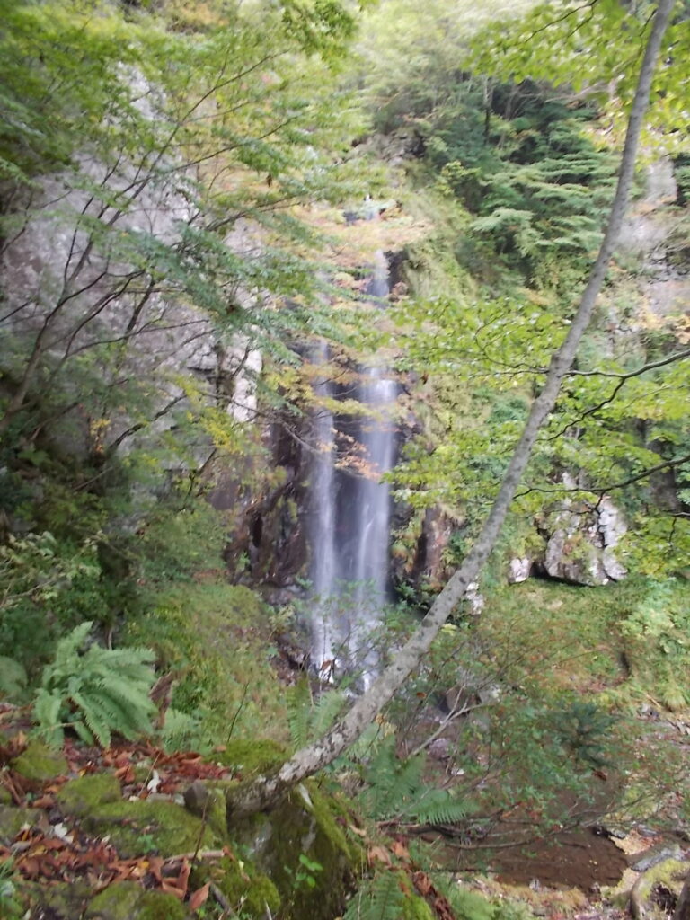 14：13　かなりの急斜面を下りていくと、逆水の滝に出ます。滝の近くまで行けるようですが、今回は戻れそうにないので、ここで止めておきました。